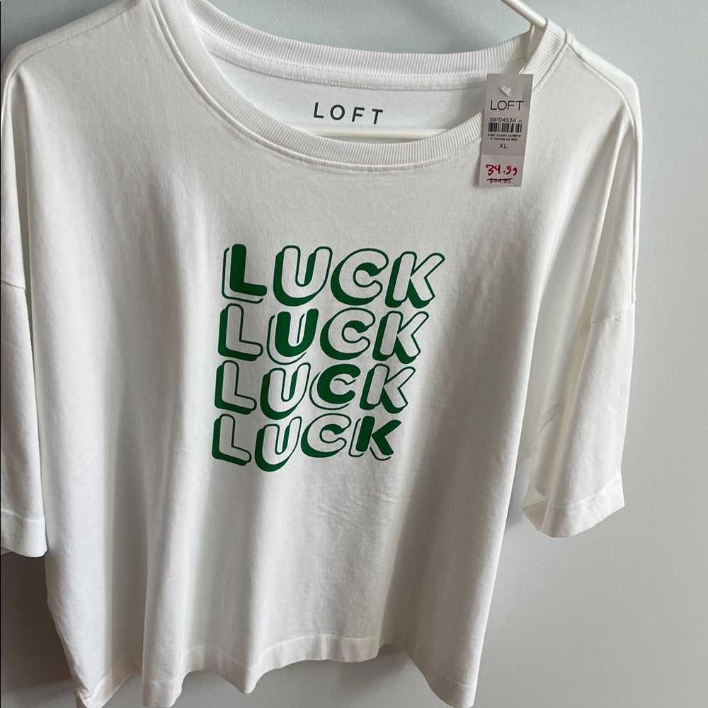 LOFT White Tee with Green 'LUCK' Print